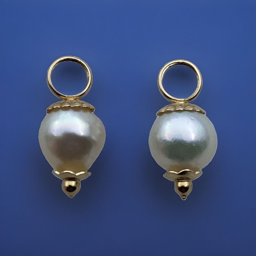 Vintage 14K Yellow Gold Cultured Pearl Hoop Earring Enhancers Charms Pair 2.3g